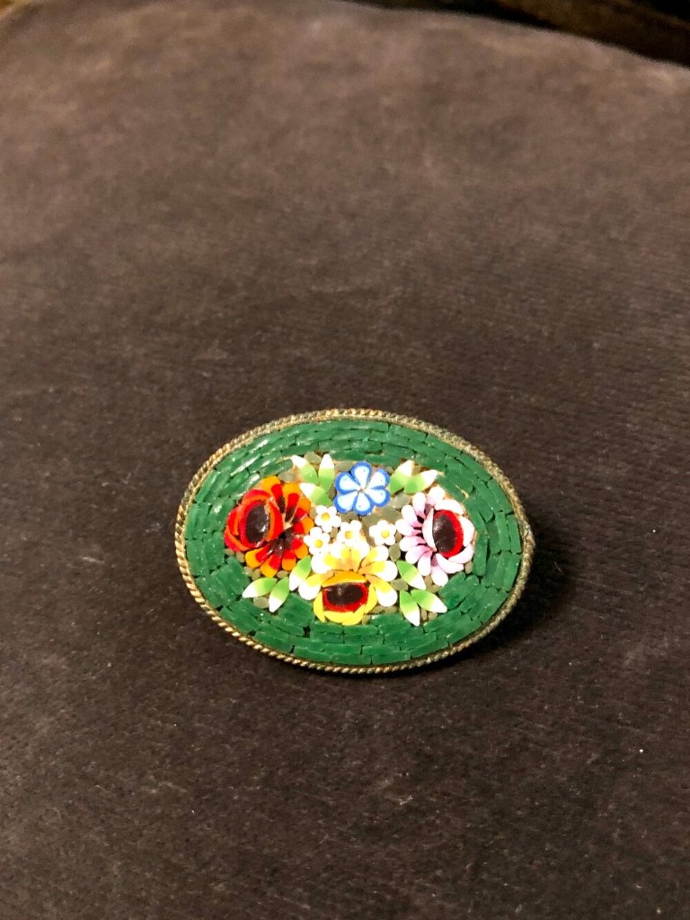 Vintage 1930s 1940s Micro Mosaic Brooch Pin Green with Flowers Made in Italy